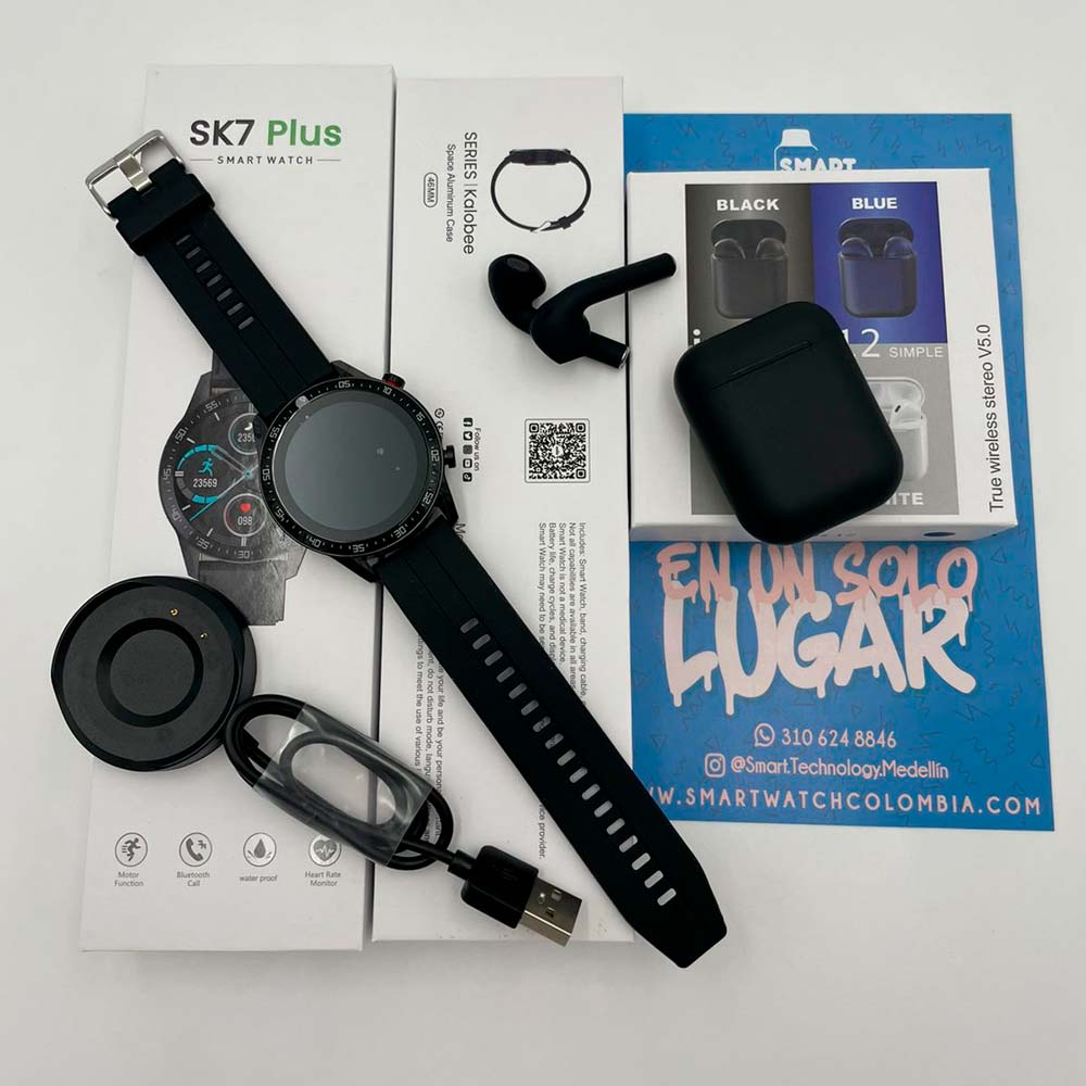 PROMOCIÓN SMART WATCH REDONDO SK7plus + AUDÍFONOS INALÁMBRICOS I12